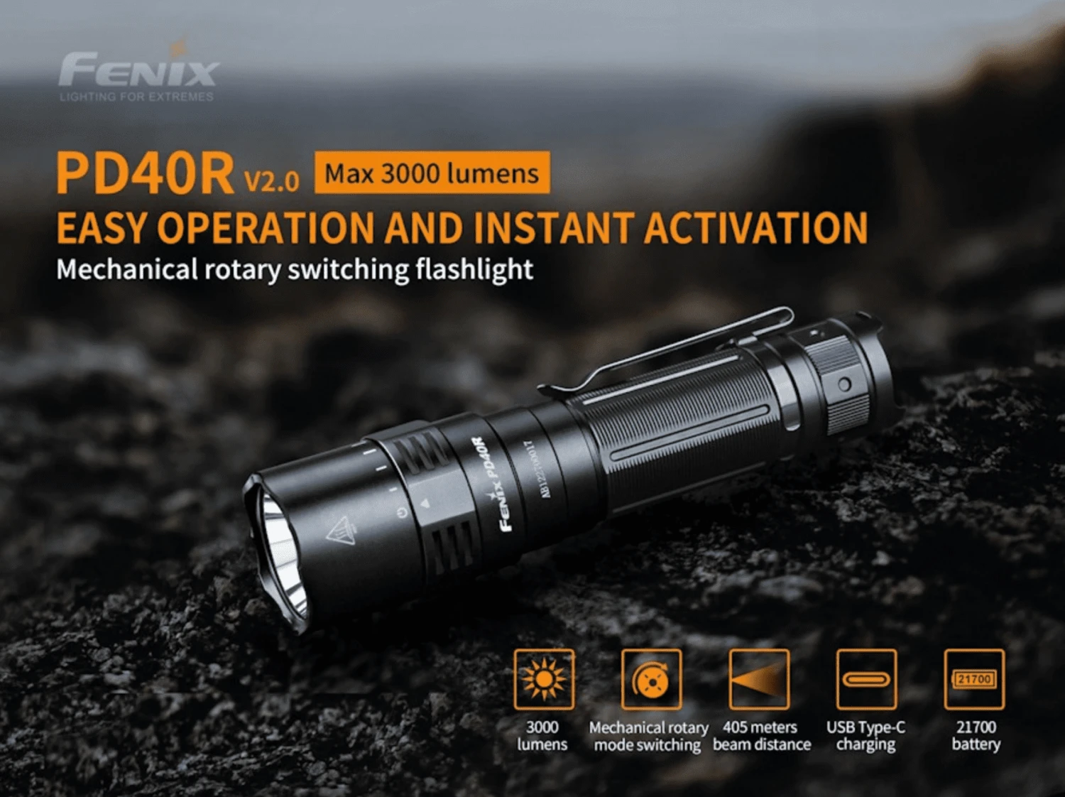 Fenix PD40R V2.0 3000 Lumen Mechanical Rotary Switching Rechargeable Flashlight Torch - Image 4